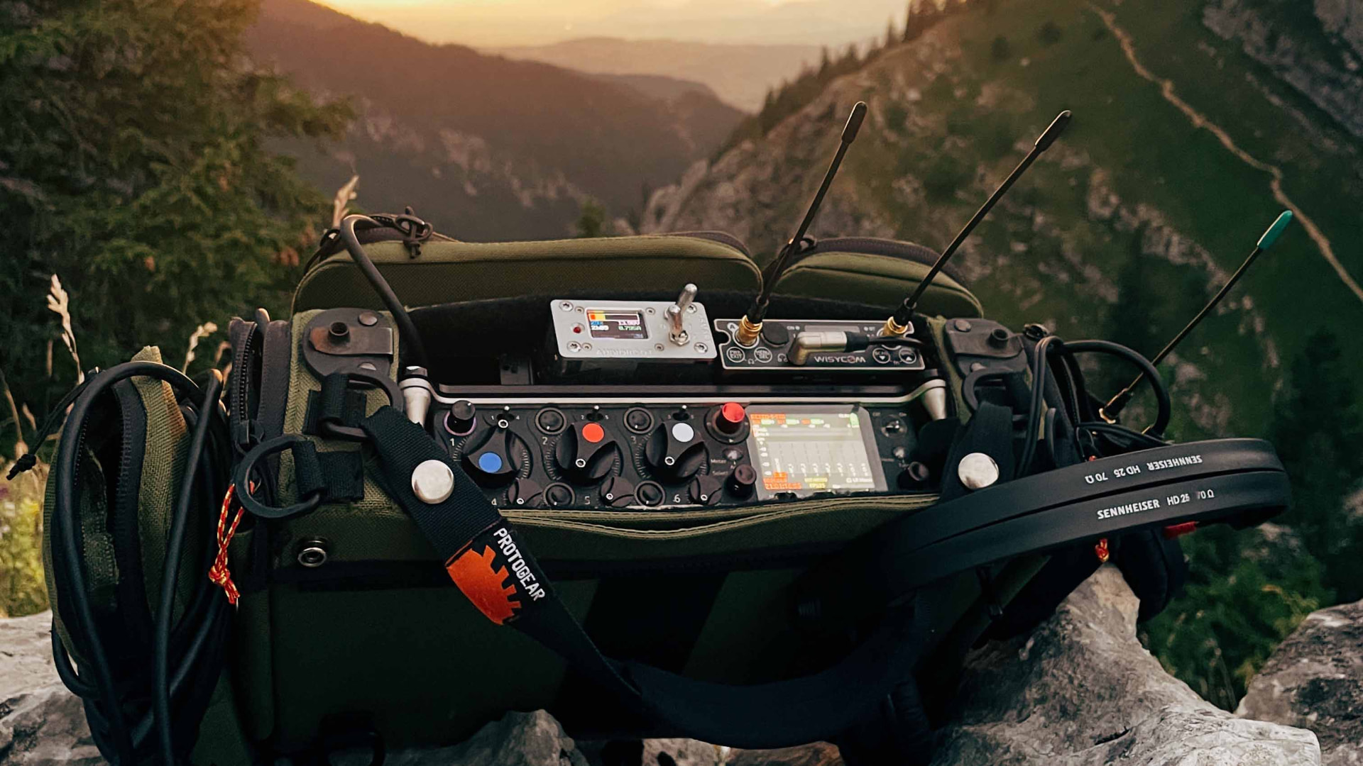 Field recorder bag with Sound Devices and wireless receivers in a mountain location